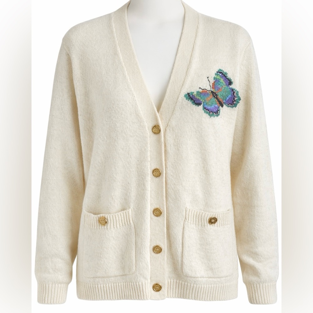 Vintage Karen Scott Butterfly Cardigan Winter White Button Front Size S